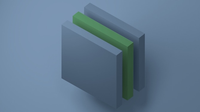 Three layered rectangular blocks—two blue and one green—stacked in perspective against a soft blue background, symbolizing structural complexity and layered issues.