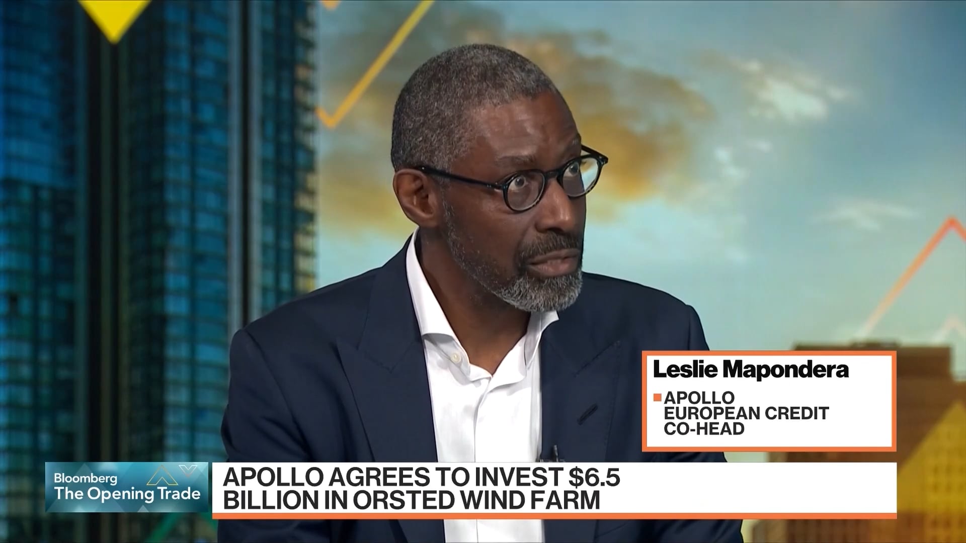 Leslie Mapondera, Apollo European Credit Co-Head, appears on Bloomberg TV discussing Apollo's $6.5 billion investment in Ørsted's wind farm project.
