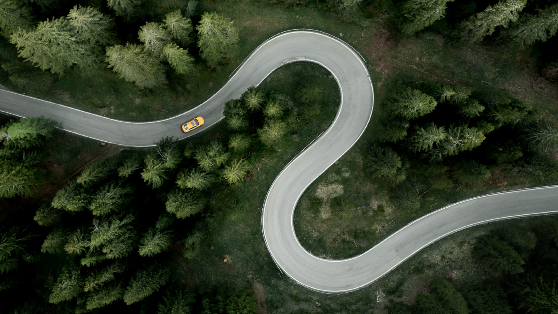 Aerial view of a winding paved road cutting through a dense green forest, with a single car navigating a sharp curve. Symbolizes shifts, complexity, and long-term navigation within private equity and private markets investing.